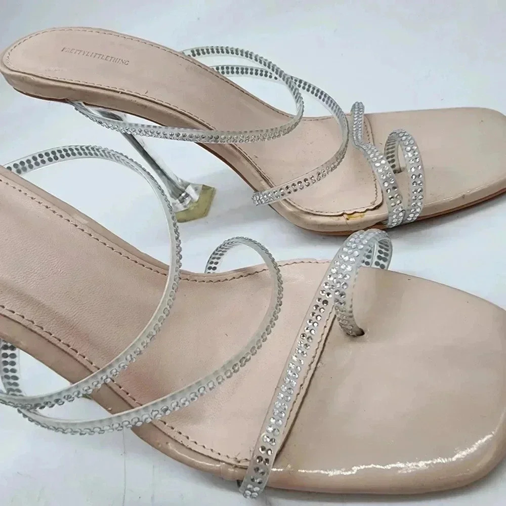 PrettyLittleThing Women's Nude Beige Clear Heel Mule Sandals Rhinestones Sz 6 - Picture 4 of 9